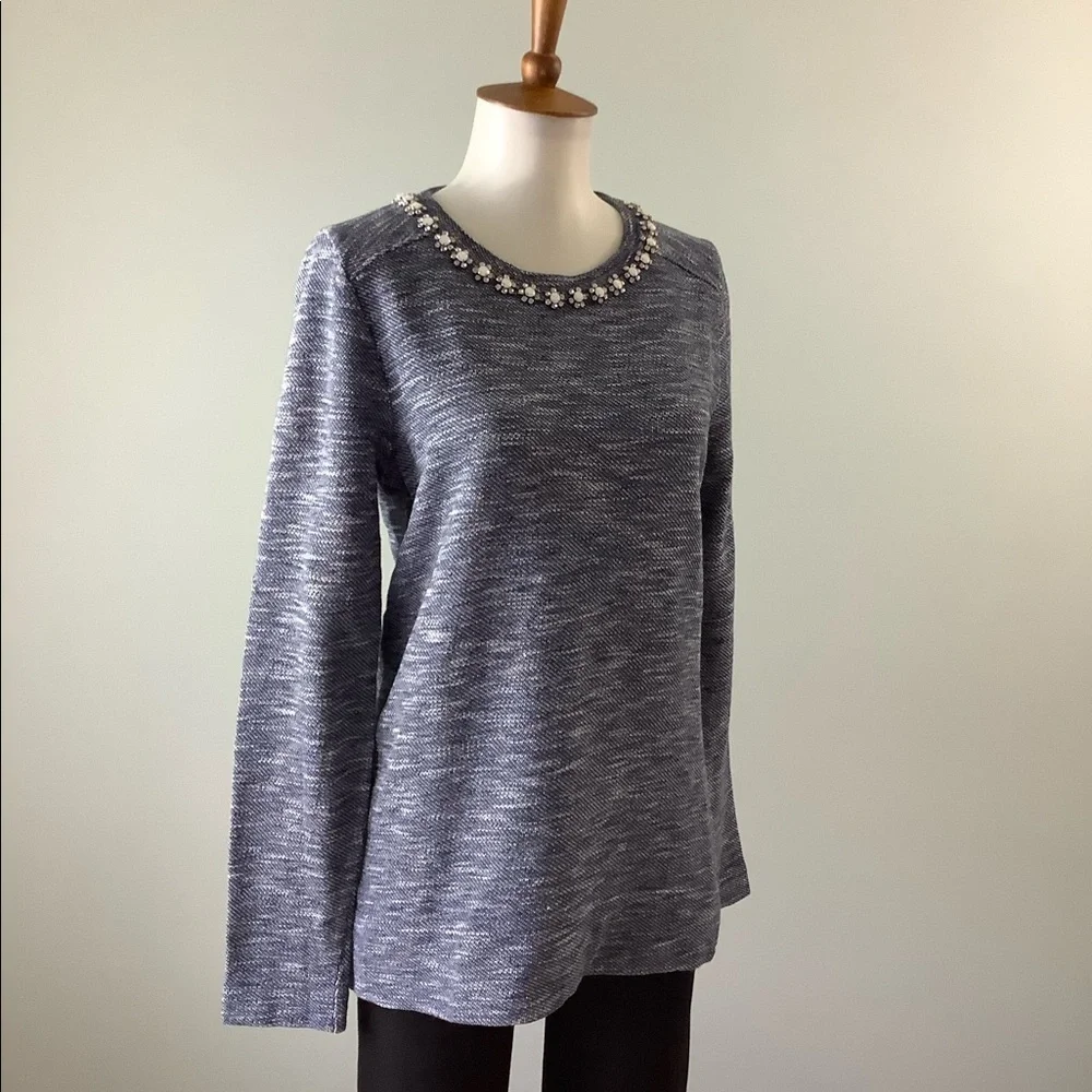 J. Crew Navy Marled Sweatshirt with Jeweled Neckline Size S